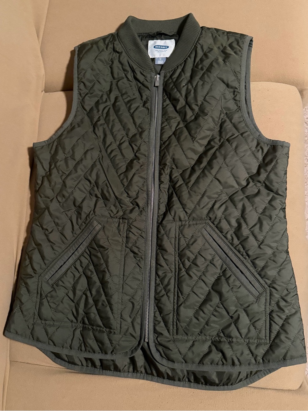 Old Navy Quilted Dark Olive Green Zip-Front Vest